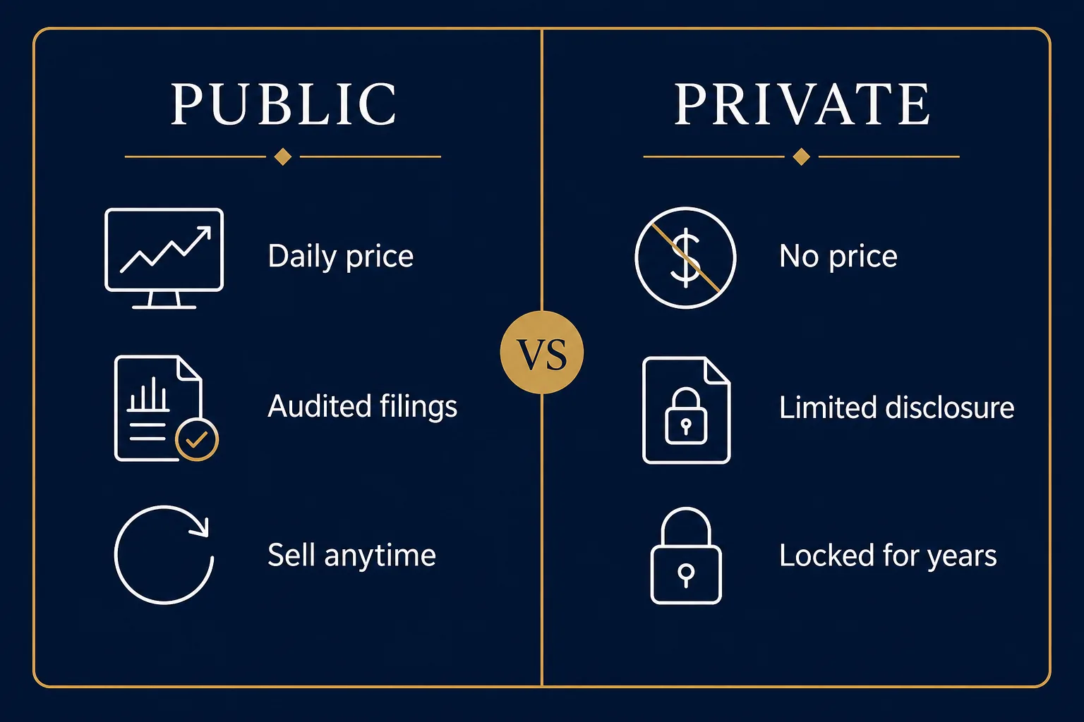 Comparison graphic contrasting public markets (daily price, audited filings, sell anytime) with private companies (no price, limited disclosure, locked for years).