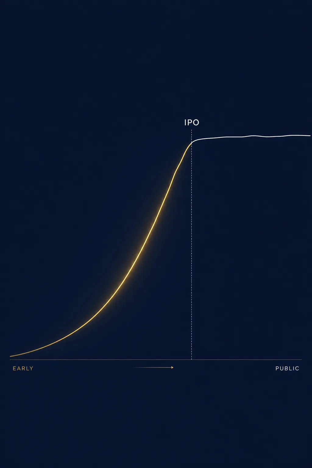 Illustration of a growth line rising while private then flattening at the IPO threshold