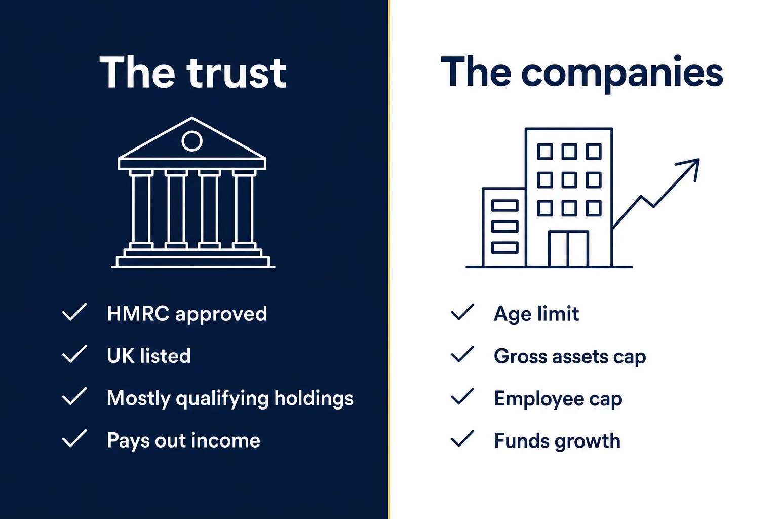 Two-panel diagram comparing the trust's requirements with the qualifying companies it invests in